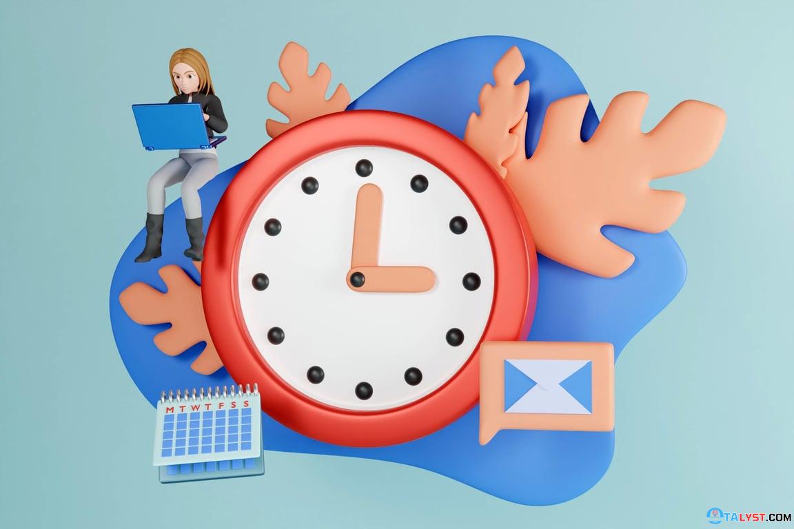 A professional woman utilizing a strategic LOS pricing method on her laptop with a large clock symbolizing time management in the background.