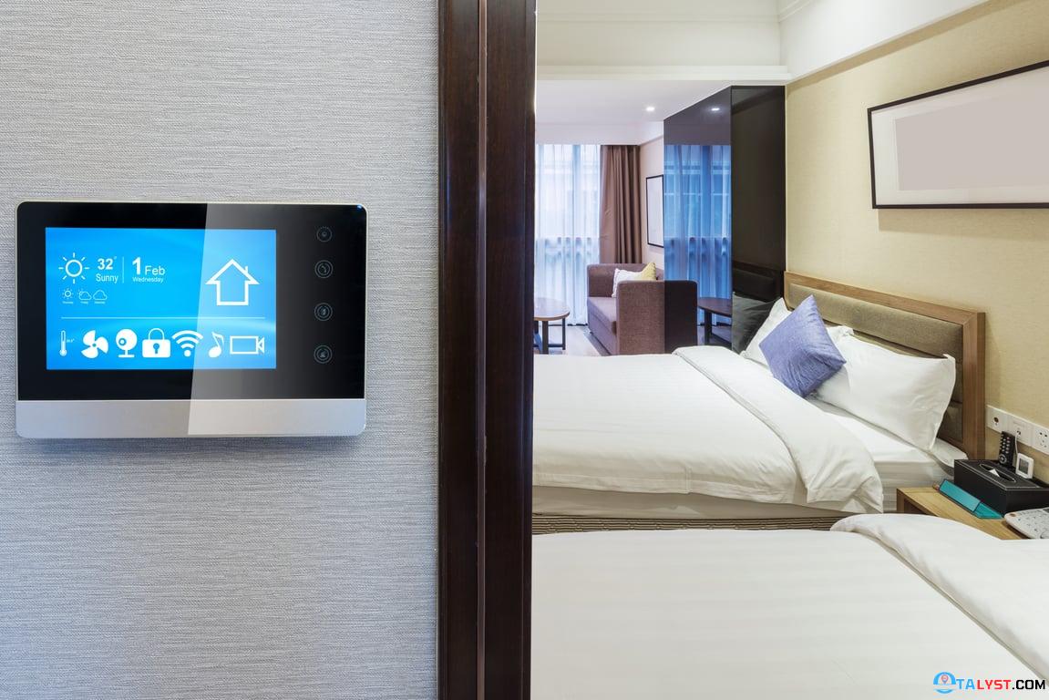 A smart hotel room control panel indicative of compatibility with future technologies and advanced security features